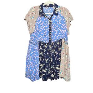 Easel Sz M Oversized Patchwork Floral Boho Button Up Babydoll Shirt Tunic Dress
